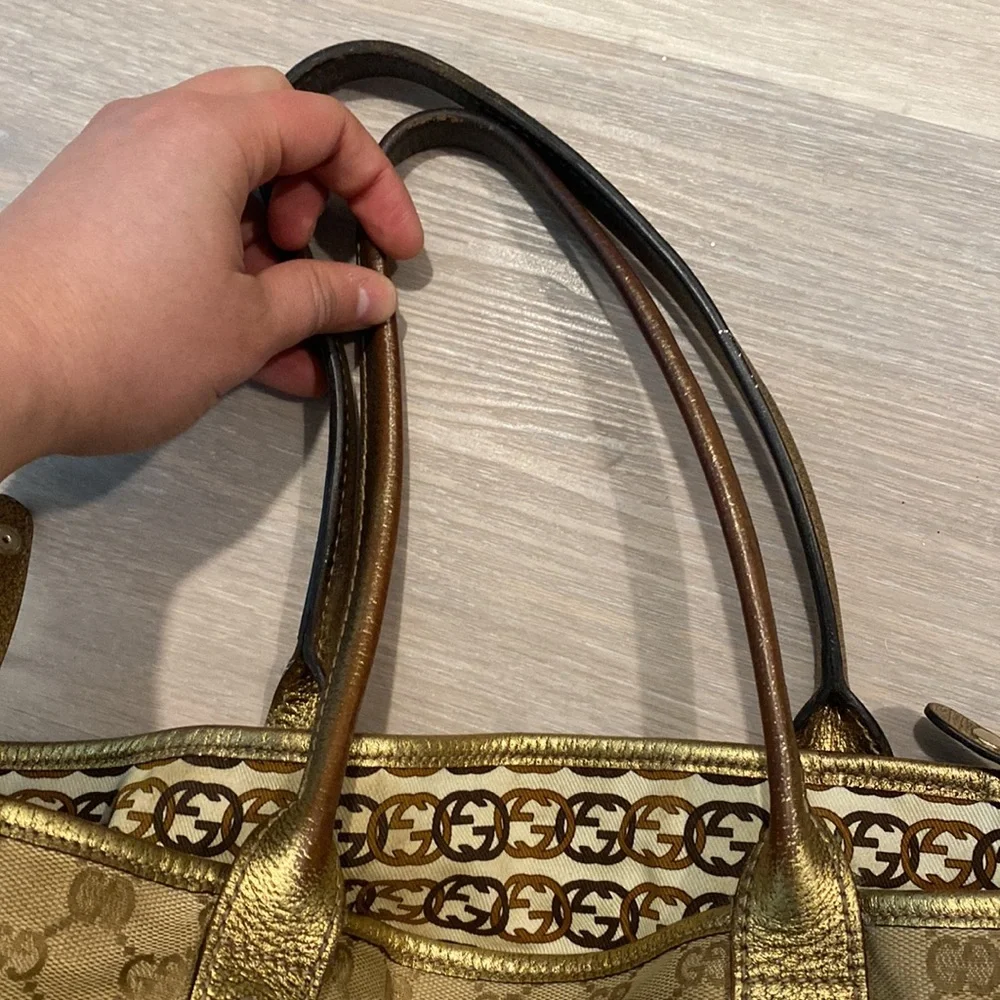 Gucci Princy GG Monogram Gold Canvas Leather Tote Cute Bow Damaged (Authentic) - Picture 11 of 14